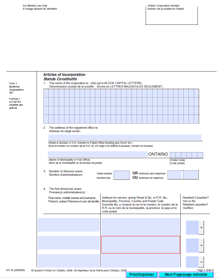 Articles of Incorporation Form 1