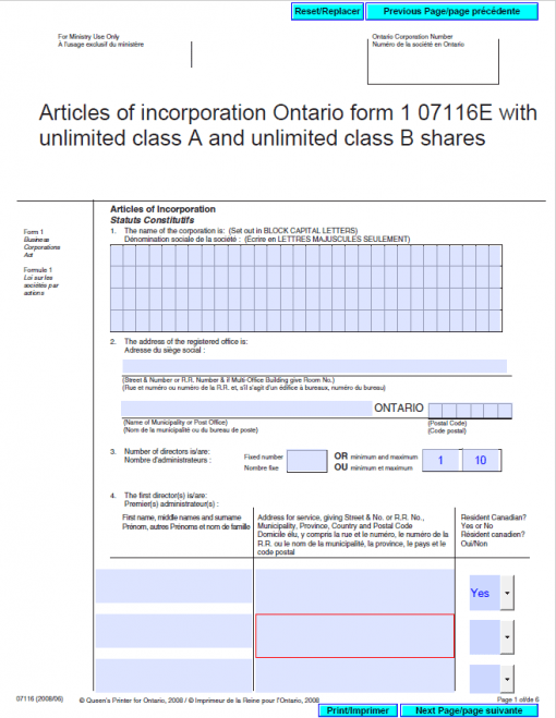 first page of fillable articles of incorporation for Ontario